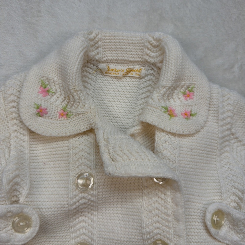 Vintage Baby Cardigan Sweater 6-12M‎ White Floral Italy Heirloom Knit Boutique